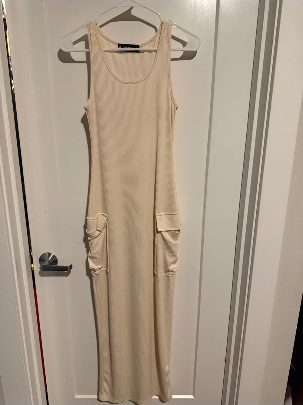 Sleeveless Ribbed Maxi Dress with Utility Pockets in Cream